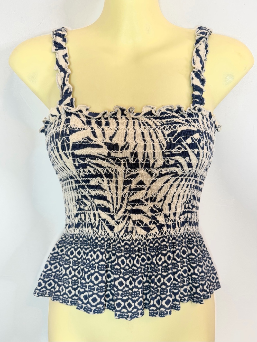 Patrons of Peace Palm Leaf Geo Print Peplum Smocked Cami Tank Top
